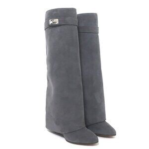 Givenchy Shark Lock Knee High Pant Boots Gray Suede Size 40.5